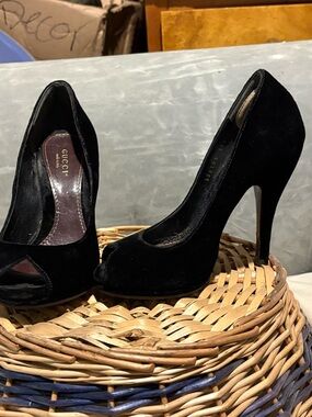 Vintage Gucci Black Suede Peep-Toe Stiletto Heels